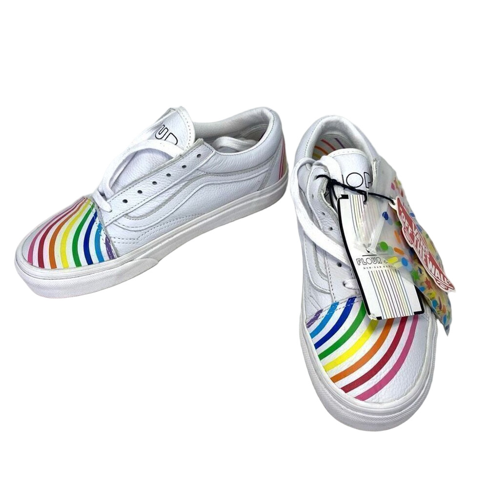 New Vans Old Skool Flour Shop White Leather Rainbow Sneakers NWOB